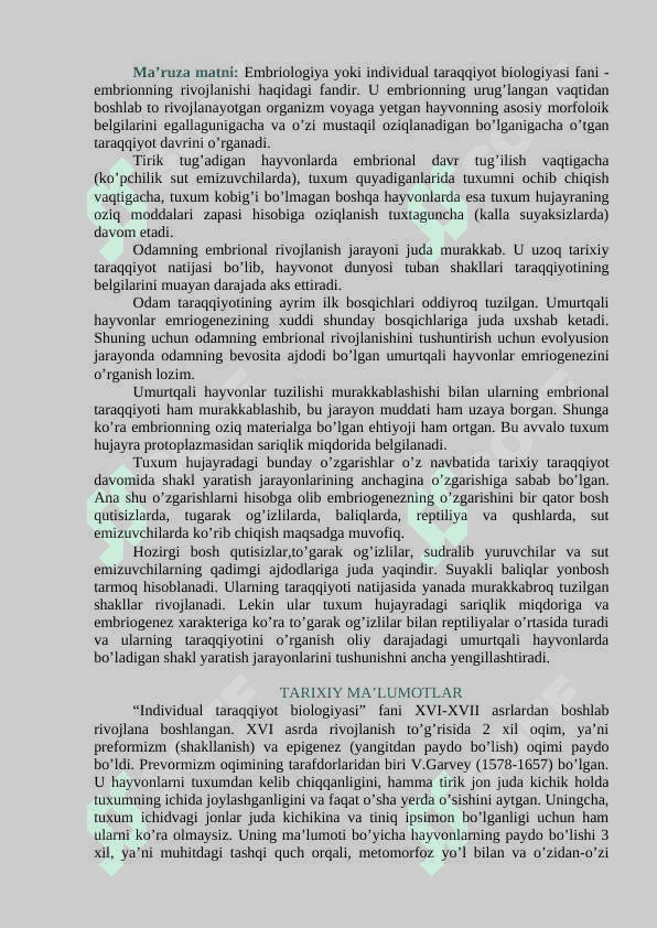 INDIVIDUAL TARAQQIYOT BIOLOGIYASI FANINING PREDMETI, RIVOJLANISH TARIXI VA USLUBLARI 2
