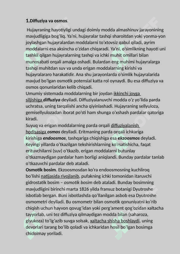 Diffuziya va osmos xodisasi. 2
