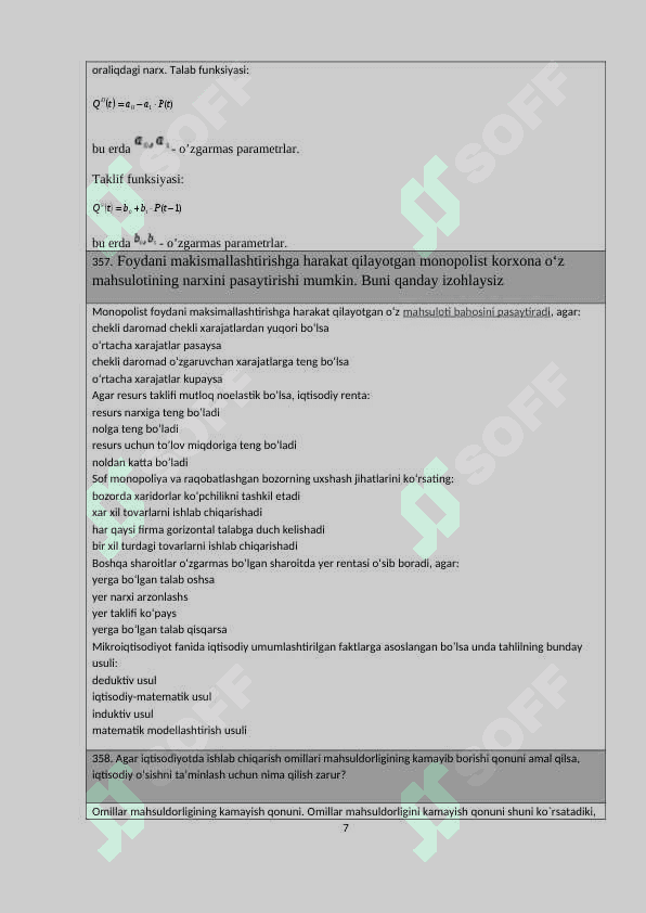 iqtisodiyot yo'nalishidagilar uchun savolnoma javoblari 351-398 gacha 7