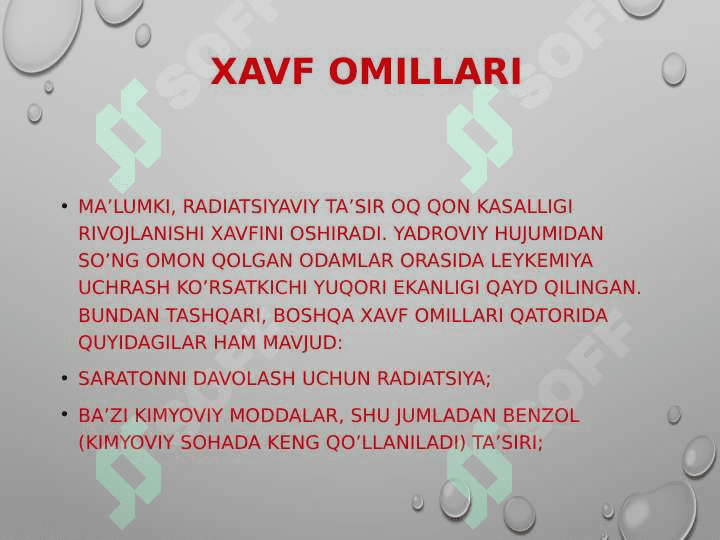 Leykozlar.leykozlar haqida tushuncha.o’tkir leykoz haqida tushuncha. Belgilari, turlari,rivojlanishi 8