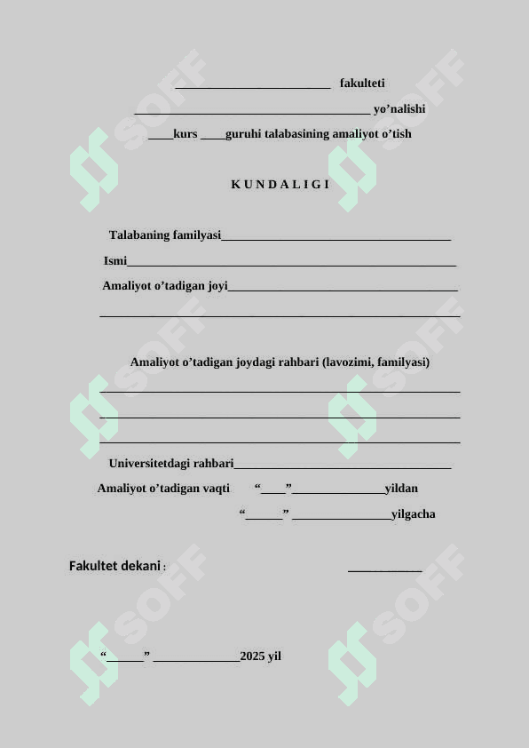 Amaliyot kundaligi bakalavr uchun 2