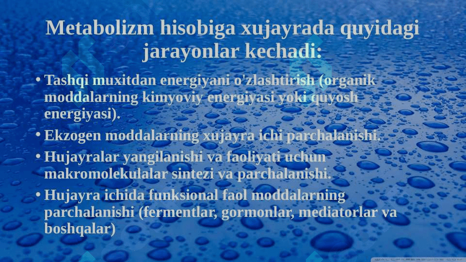 Metabolizmga kirish. Oziqlanish biokimyosi. Metabolizm haqida tushuncha. Biomembranalar. Membrana retseptorlari. Hujayralarda signal oʻtkazish yoʻllari 6