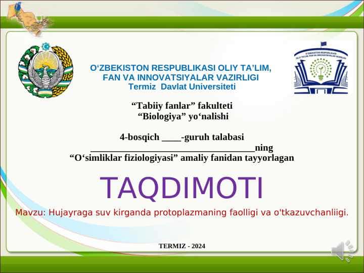 Hujayraga suv kirganda protoplazmaning faolligi va o'tkazuvchanliigi 1