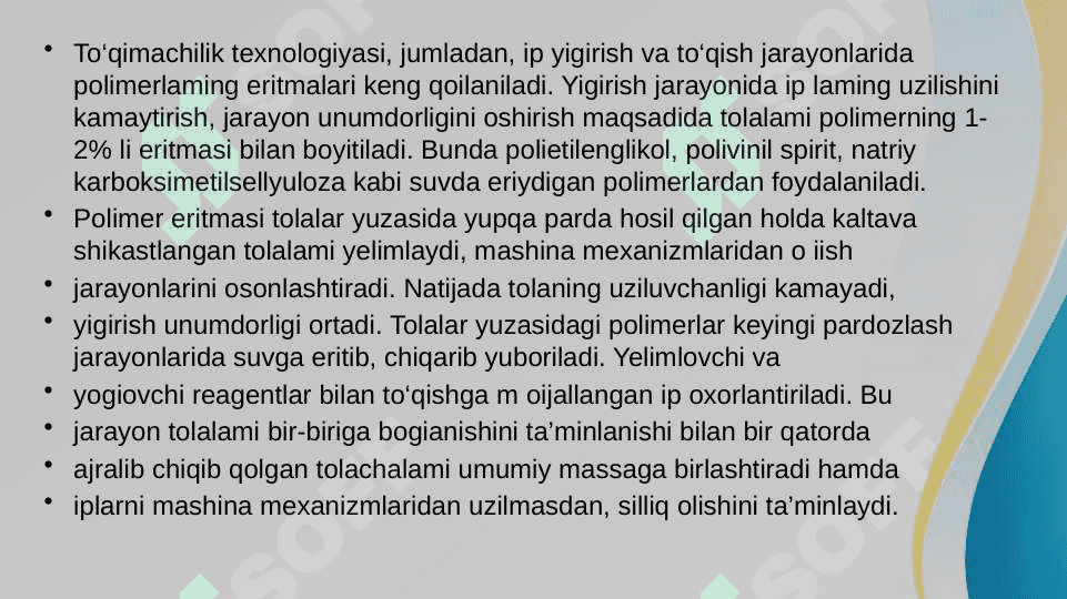 To’qimachilik va yengil sanoatda qo’llanalidigan muhim polimerlar 6