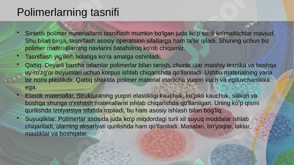 To’qimachilik va yengil sanoatda qo’llanalidigan muhim polimerlar 8