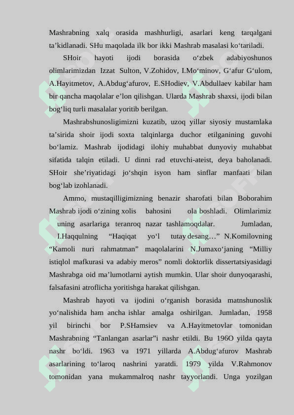 Boborahim Mashrabning hayoti, shoir ijodini o’rganishda “Qissai Mashrab” asarining o’rni.Adabiy merosi 3