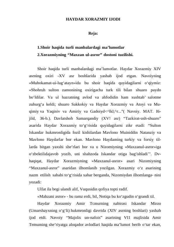 HAYDAR XORAZMIY IJODI