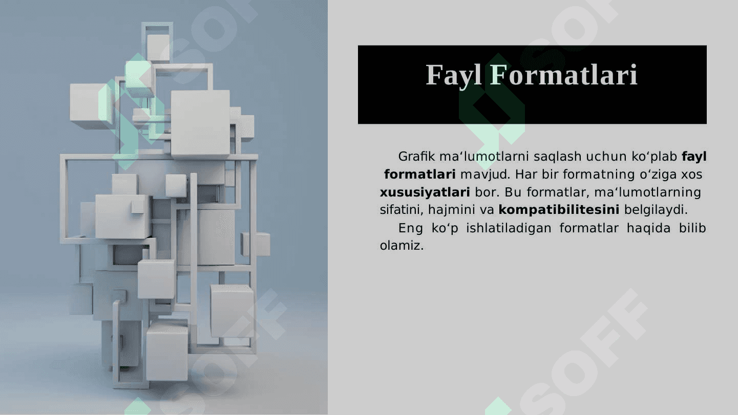 Grafik ma’lumotlarni taqdim etish uchun qo‘llaniladigan asosiy fayl formatlari 3