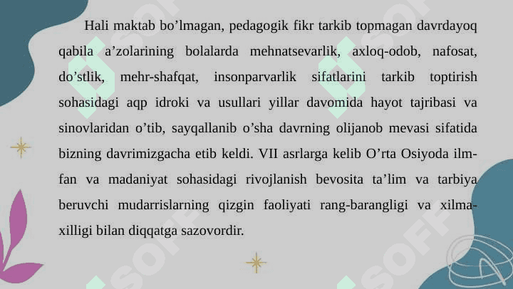 Jamiyatda o’qituvchining tutgan o’rni va uning vazifalari. O’qituvchi shaxsiga qo’yiladigan talablar. O`qituvchining kasbiga xos xislatlar. Bolalar jamoasi va uning tarbiyaviy 3