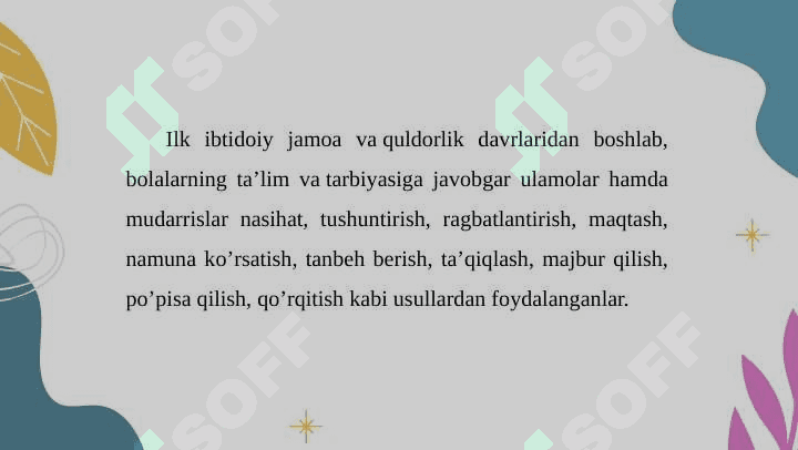 Jamiyatda o’qituvchining tutgan o’rni va uning vazifalari. O’qituvchi shaxsiga qo’yiladigan talablar. O`qituvchining kasbiga xos xislatlar. Bolalar jamoasi va uning tarbiyaviy 4
