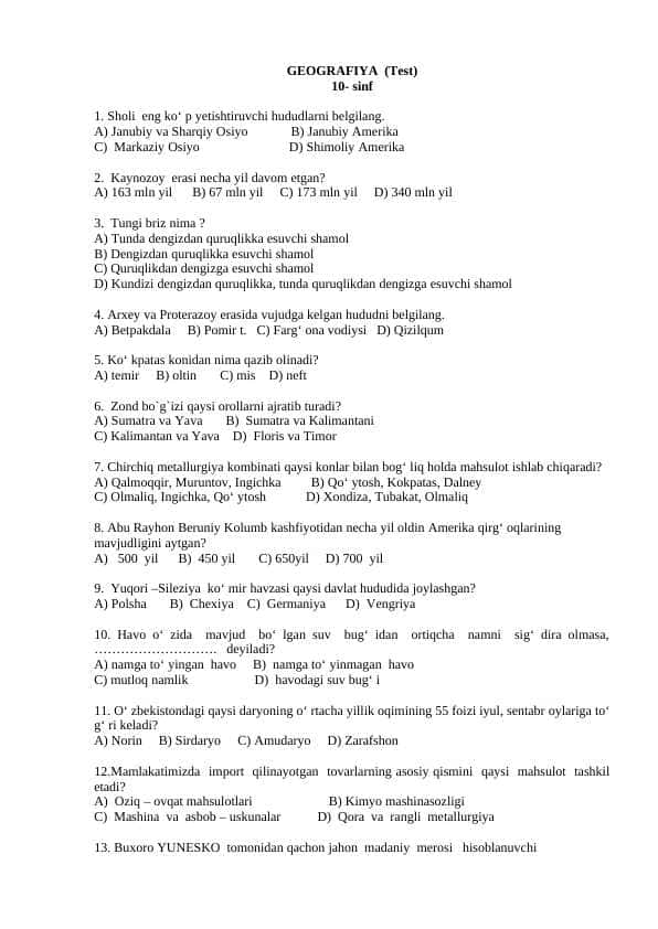 10 sinf  GEOGRAFIYA test