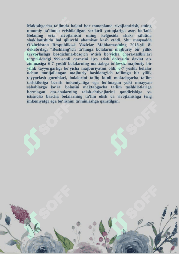 BOLALARNI MAKTAB TAʼLIMGA MAJBURIY BIR YILLIK  TAYYORLASH BOʻYICHA  GURUHLARNI TASHKIL BOʻYICHA GURUHLARNI TASHKIL BOʻYICHA QONUNCHI HUJJATLAR SHAKLI 4