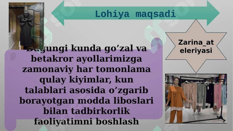 Tadbirkorlik faoliyatlarini tashkil etish Ayollar kiyim do`koni sohasida 3