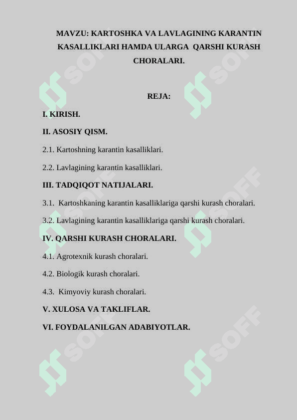 Kartoshka va lavlagining karantin kasalliklari hamda ularga  qarshi kurash choralari” mavzusida tayyorlagan KURS ISHI 2