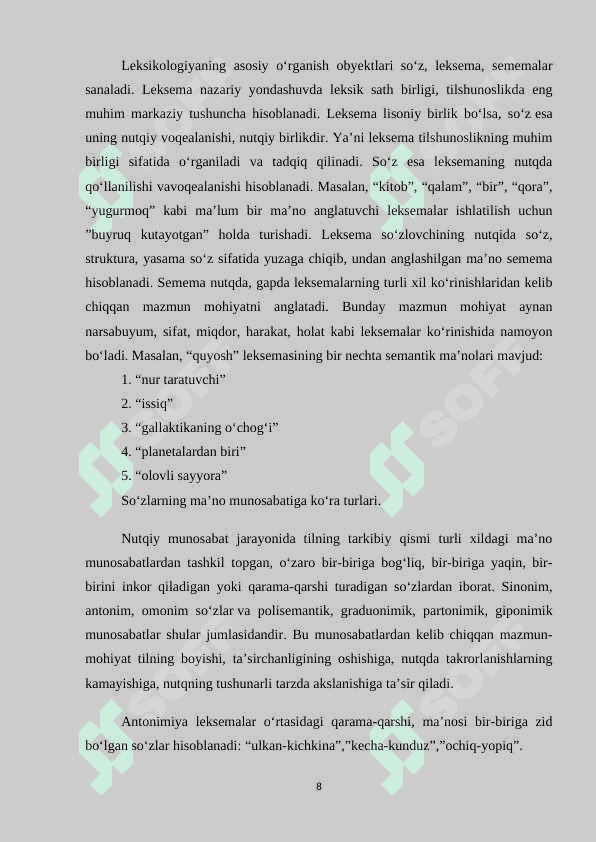 O‘zbek tilida antonimiya hodisasining ifodalanishi kurs ishi 8
