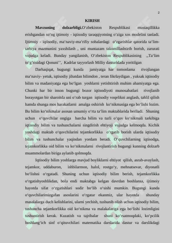 Boshlang‘ich sinf o‘quvchilarining iqtisodiy bilmdonligini rivojlantirish. Kurs ishi 2