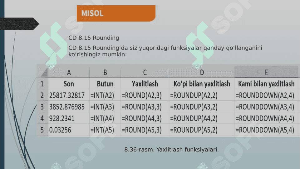 Excelda Yaxlitlash funksiyalari 4