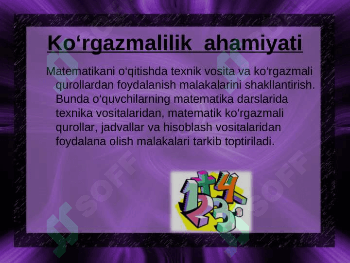 Turli meto'dik qo'llanmalar ko'rgazmalar va ulardan foydalanish. O'qitish vositalaridan ijodiy foyalanish va yasaladigan ko'rgazmali ko'satmalar. 3
