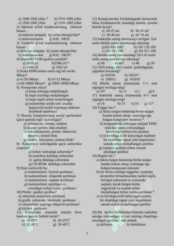 Informatika test javoblari bilan 7