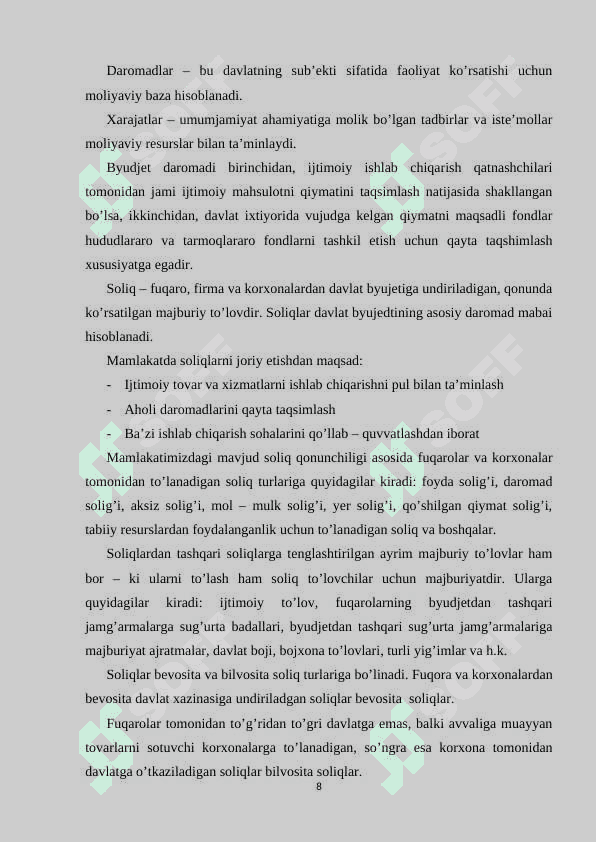 Hozirgi sharoitda O’zbekiston Respublikasida byudjet – soliq siyosating ustuvor yo’nalishlari 8