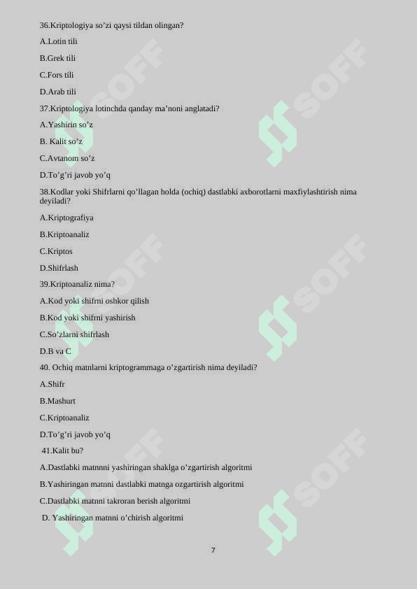 KIberxafsizlik 200 talik test savol javobi bilan 7