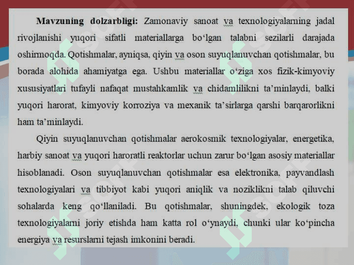 Qotishmalar: Qiyin suyuqlanuvchan va oson suyuqlanuvchan qotishmalar olish hamda ularning ishlatilish sohalari 2