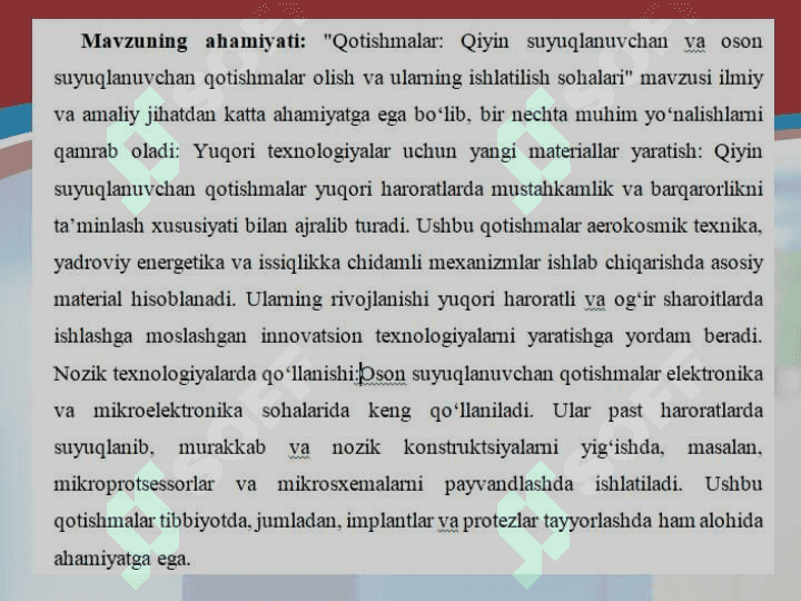 Qotishmalar: Qiyin suyuqlanuvchan va oson suyuqlanuvchan qotishmalar olish hamda ularning ishlatilish sohalari 3