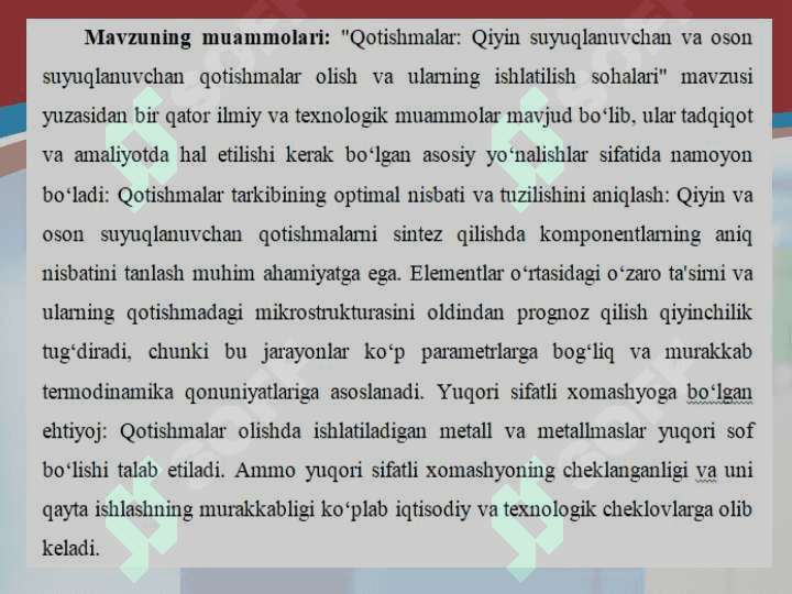 Qotishmalar: Qiyin suyuqlanuvchan va oson suyuqlanuvchan qotishmalar olish hamda ularning ishlatilish sohalari 4
