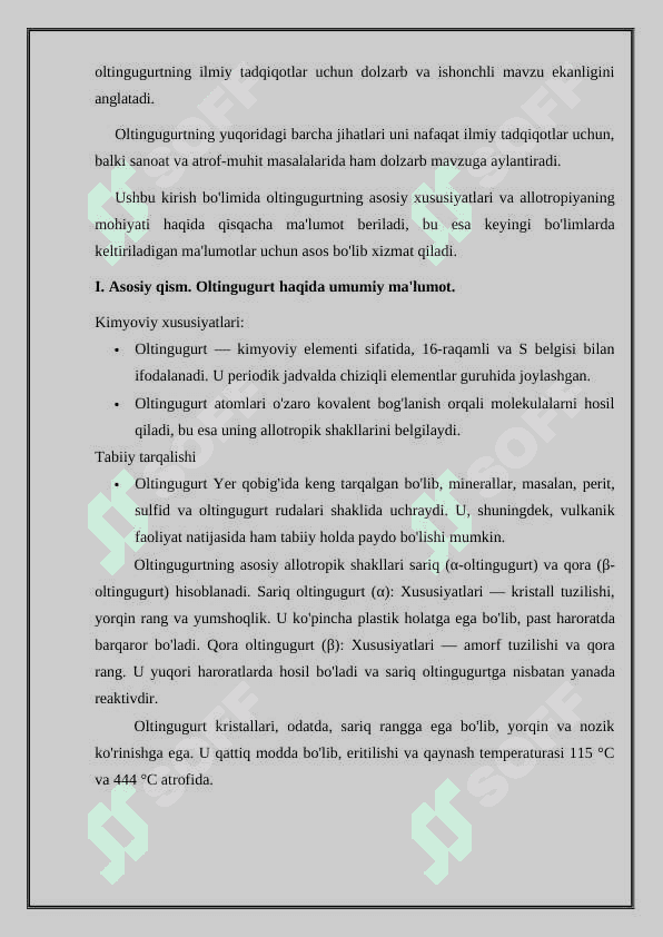 Oltingugurt allotropiyasi, tuzilishi, olinishi va xossalari 6