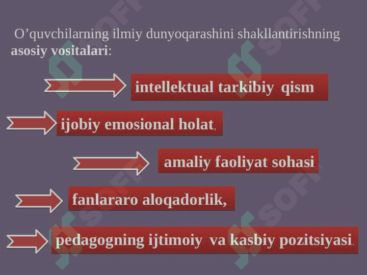 O’QUVCHILARNING ILMIY DUNYOQARASHINI SHAKLLANTIRISH. AQLIY TARBIYA VA FUQAROLIK TARBIYASI. MAFKURAVIY TARBIYA. MA’NAVIY-AXLOQIY TARBIYA VA O’QUVCHILARNING  MEHNAT JISMONIY VA ESTETIK TARBIYASI 8