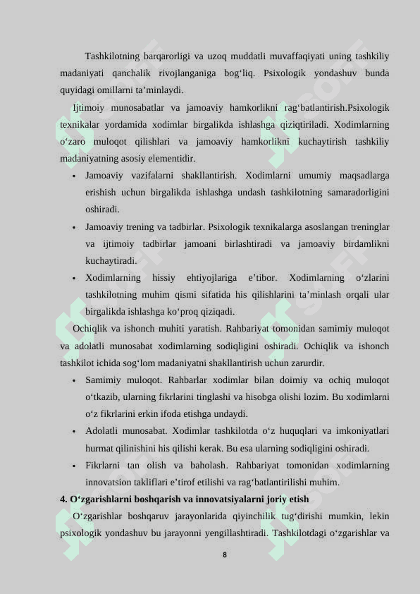 Amaliy psixologning boshqaruv tizimidagi faoliyatining maqsadi, vazifalari, funksiyalari va mazmuni 8