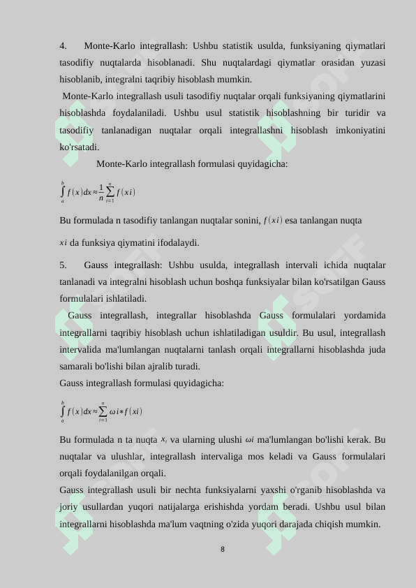Integrallarni taqribiy hisoblash usullari 8