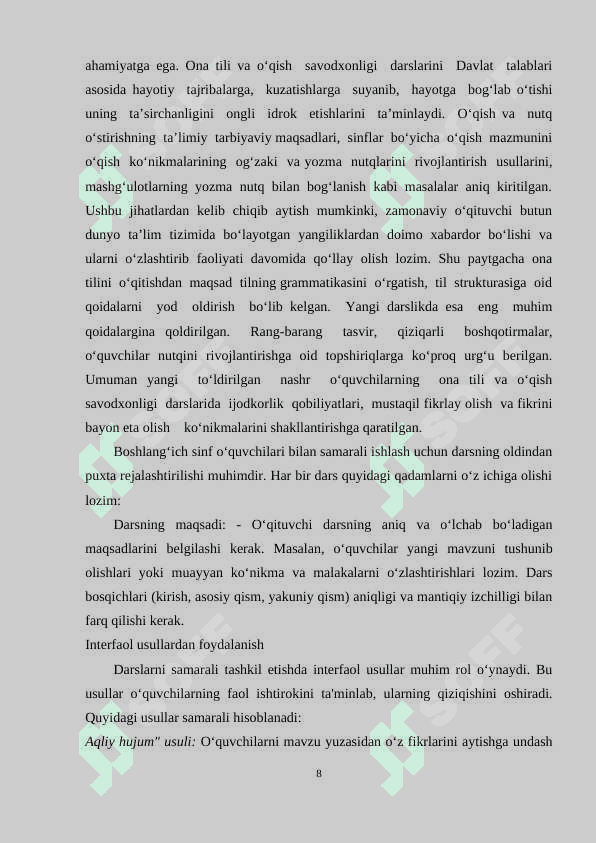 BOSHLANG’ICH SINF ONA TILI VA O'QISH SAVODXONLIGI DARSLARIDA TURLI JANRDAGI ASARLARNI O'RGATISH METODIKASI 8