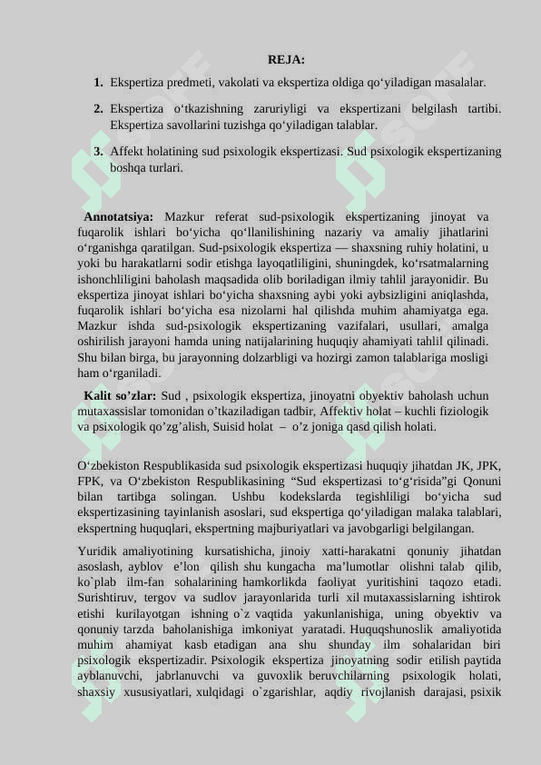 Jinoyat va fuqarolik ishlari boʻyicha sud-psixologik ekspertizasi referat 2
