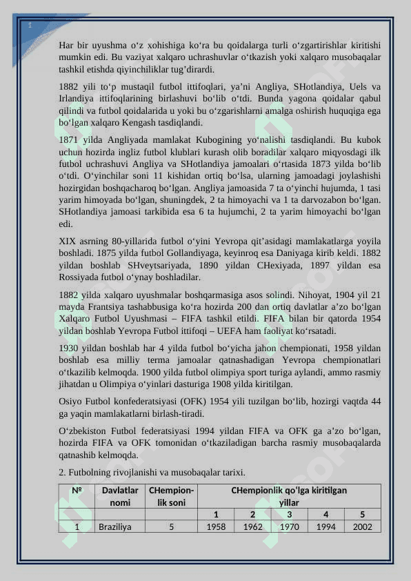 Futbolni O’zbekistonga kirib kelishi va rivojlanishi kurs ishi 5