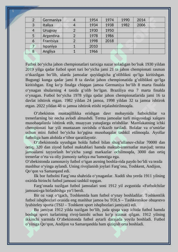 Futbolni O’zbekistonga kirib kelishi va rivojlanishi kurs ishi 6