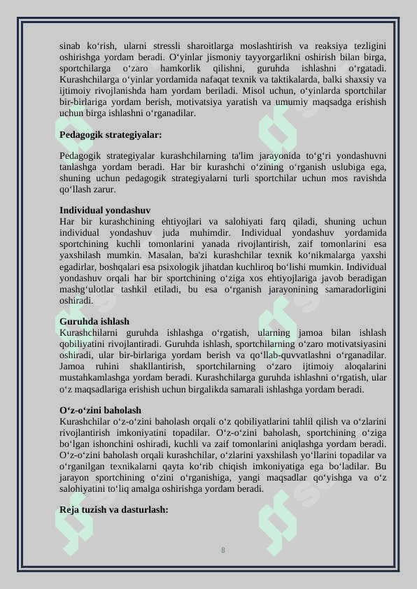 Kurashchilarini ko’nikma va malakalarni shakllantirish yo’llari. 8