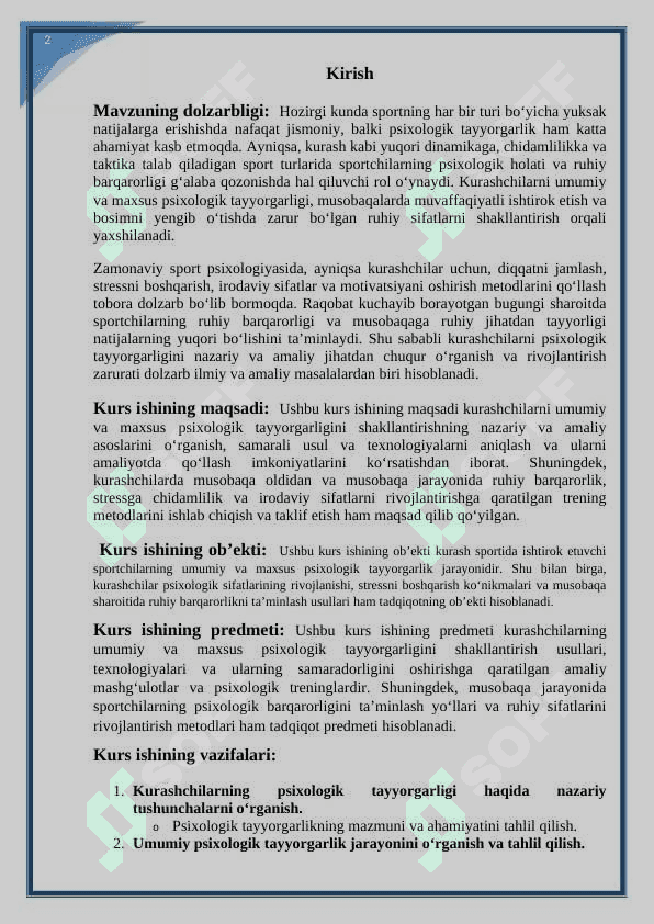 Kurashchilarni umumiy va maxsus psixologik tayyorgarligini shakllantirish. kurs ishi 2