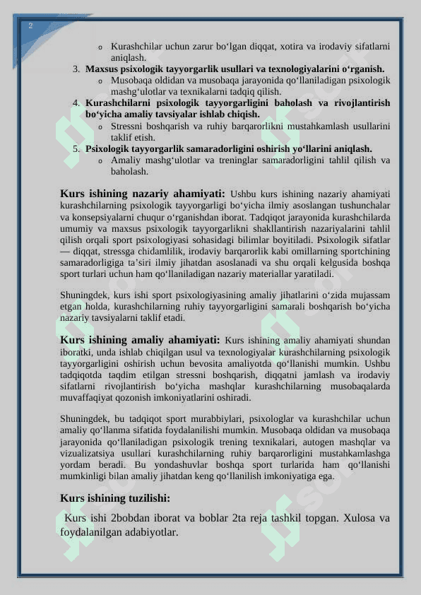 Kurashchilarni umumiy va maxsus psixologik tayyorgarligini shakllantirish. kurs ishi 3