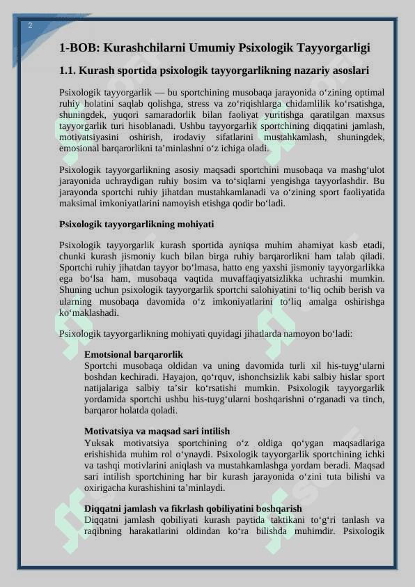 Kurashchilarni umumiy va maxsus psixologik tayyorgarligini shakllantirish. kurs ishi 4