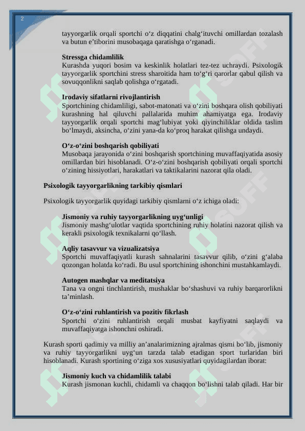 Kurashchilarni umumiy va maxsus psixologik tayyorgarligini shakllantirish. kurs ishi 5