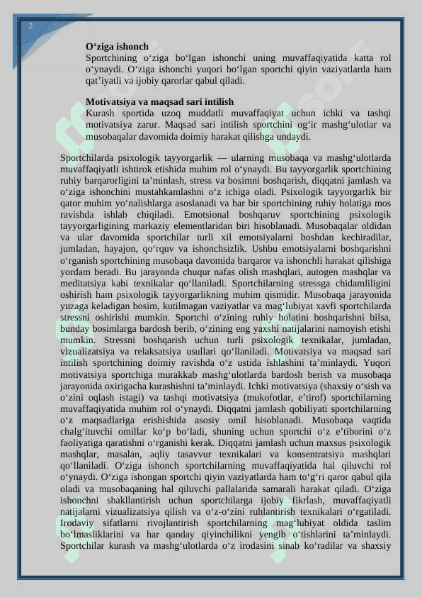 Kurashchilarni umumiy va maxsus psixologik tayyorgarligini shakllantirish. kurs ishi 7