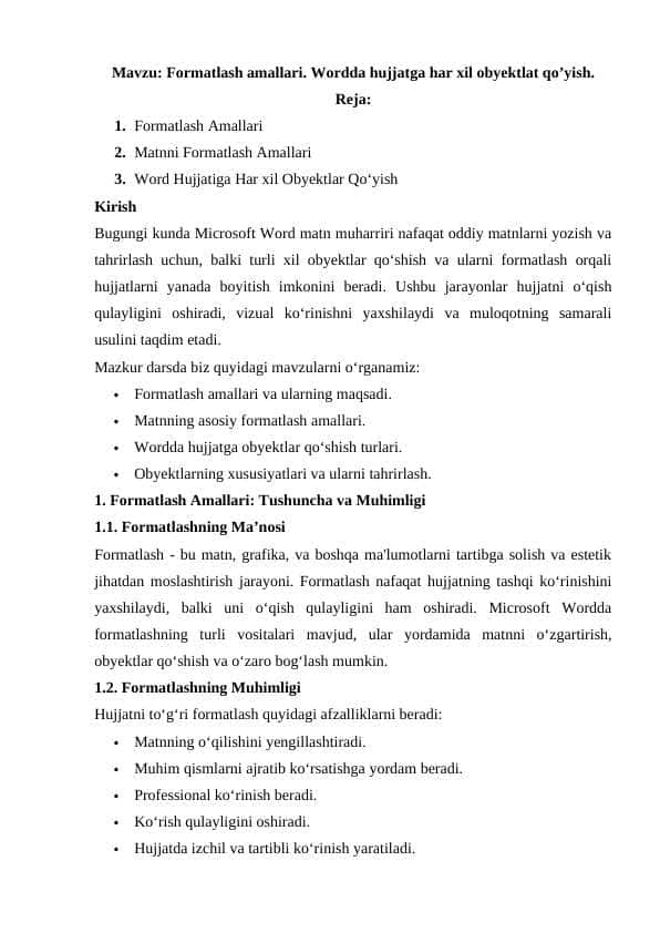 Formatlash amallari. Wordda hujjatga har xil obyektlat qo’yish