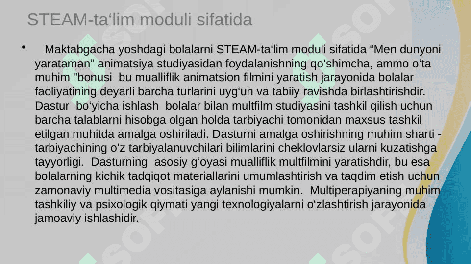 Steam texnologiyasida “Multistudiya” dasturini tatbiq etish va maktabgacha yoshdagi bolalarni animatsiyalar yaratishga o’rgatish 2
