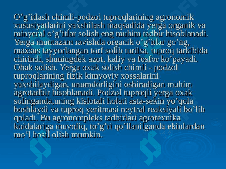 Tayga-o‘rmon zonasining tuproqlari, botqoq tuproqlar. O’rmon-dasht va dasht zonasining qora tuproqlari 8