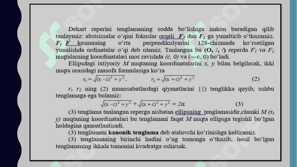 Ikkinchi tartibli egri chiziqning tarifi. Aylana, Ellipsoid, Giperbola, Parabola 3