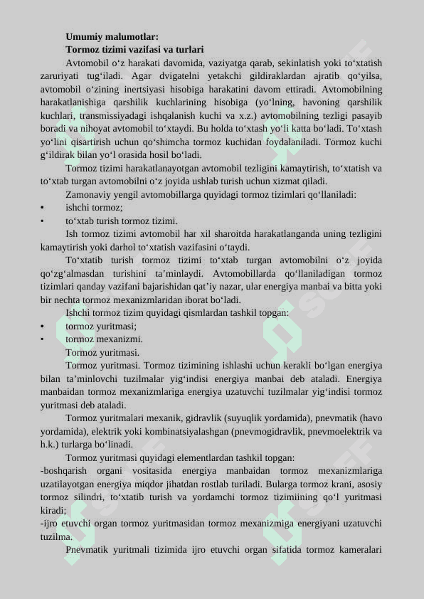 Chevrolet – Matiz avtomobili tormoz tizimi tavsifi. 2