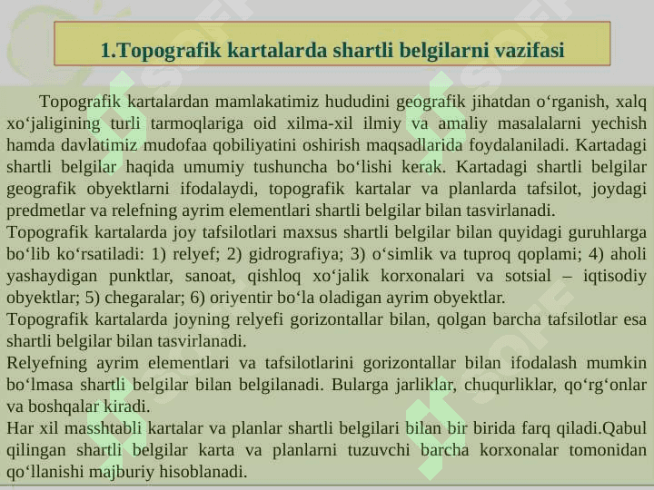 “Shartli belgilar. Topografik kartalarda injenerlik masalalarini yechish” 7