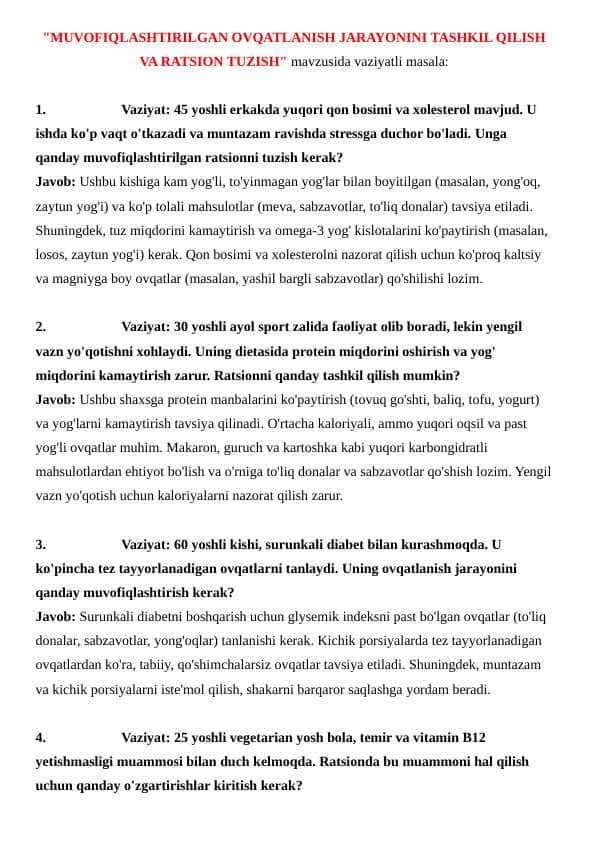 MUVOFIQLASHTIRILGAN OVQATLANISH JARAYONINI TASHKIL QILISH VA RATSION TUZISH" mavzusida vaziyatli masala:
