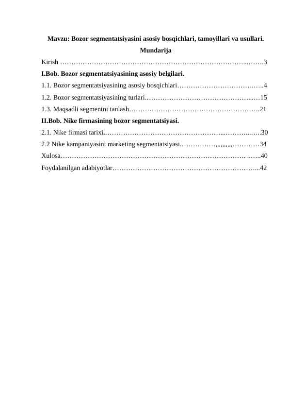 Bozor segmentatsiyasini asosiy bosqichlari, tamoyillari va usullari. 1